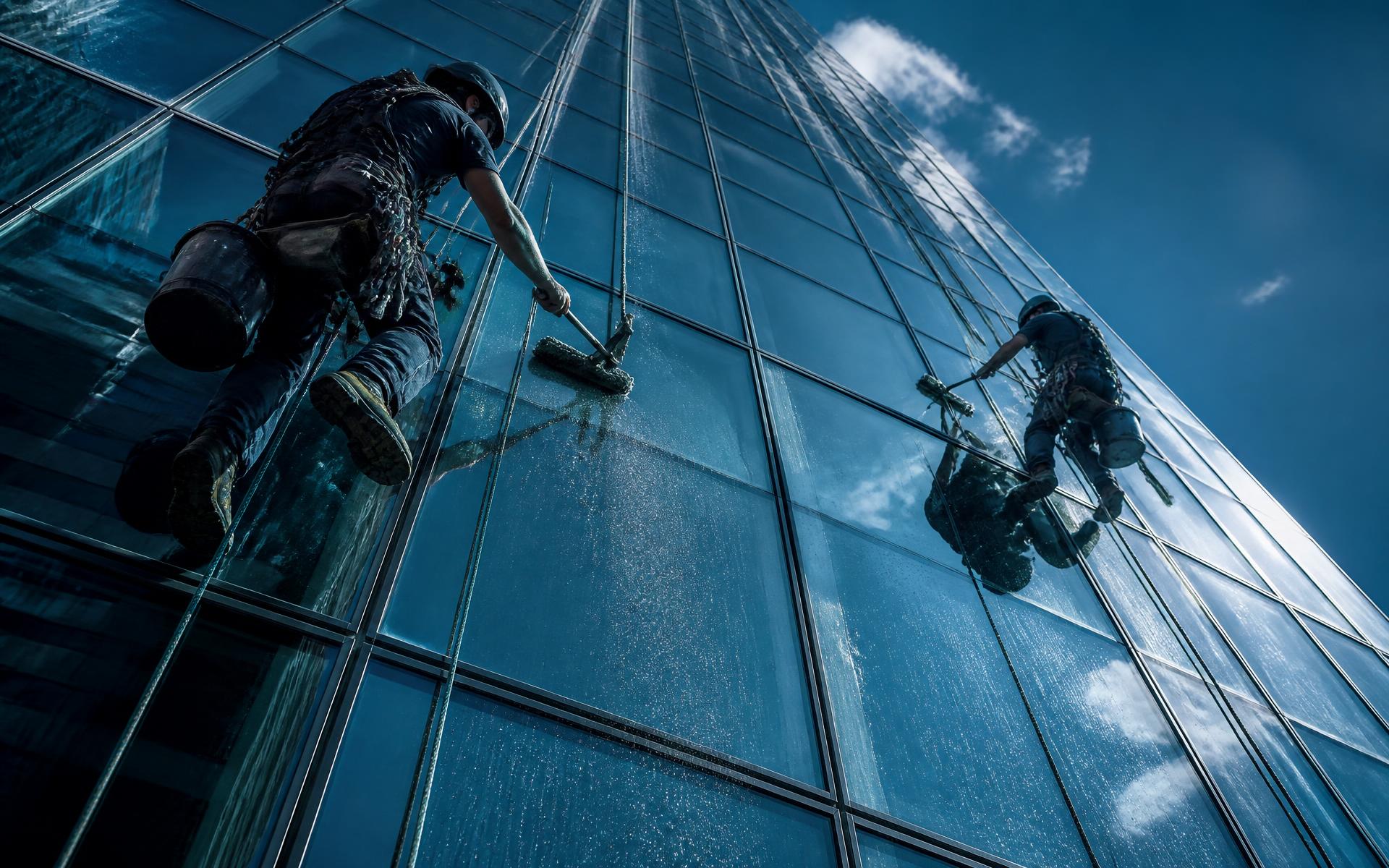 Rope-accesstechnicus reinigt de ruiten van een hoogbouw